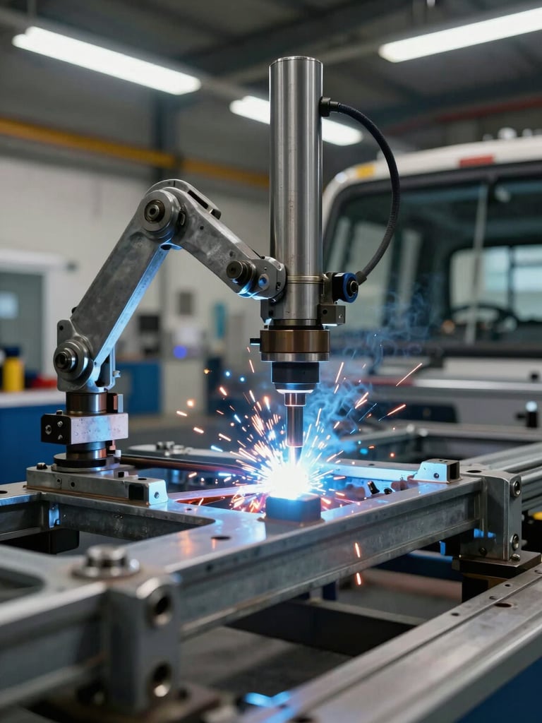 Close-up overhead shot of a precision welding station on a bus chassis assembly line, welding arms mid-operation, sparks and blue arc light visible, steel jig fixtures holding frame members, cool industrial LED overhead lighting, factory floor visible in background