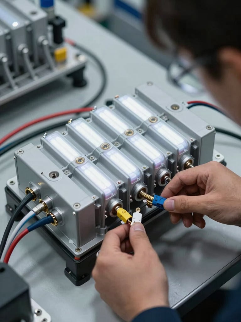 Close-up overhead shot of a hydrogen fuel-cell stack mid-assembly on a factory bench, technician's hands visible connecting high-voltage cabling, cool white LED lighting, industrial grey surroundings, crisp focus on the cell manifold interface