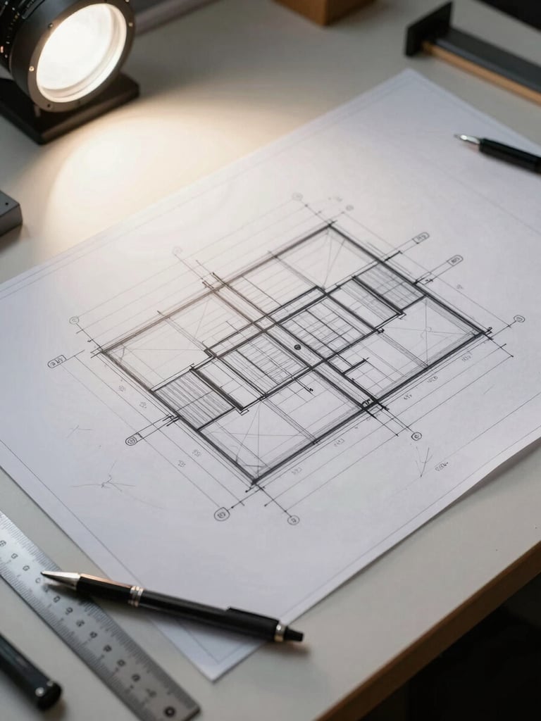 Close overhead shot of large-format structural engineering drawings spread flat on a light work table, pencil annotations and dimension callouts visible in sharp focus, a drafting scale and mechanical pencil resting at the lower edge, even north-facing studio light, no hands or people in frame