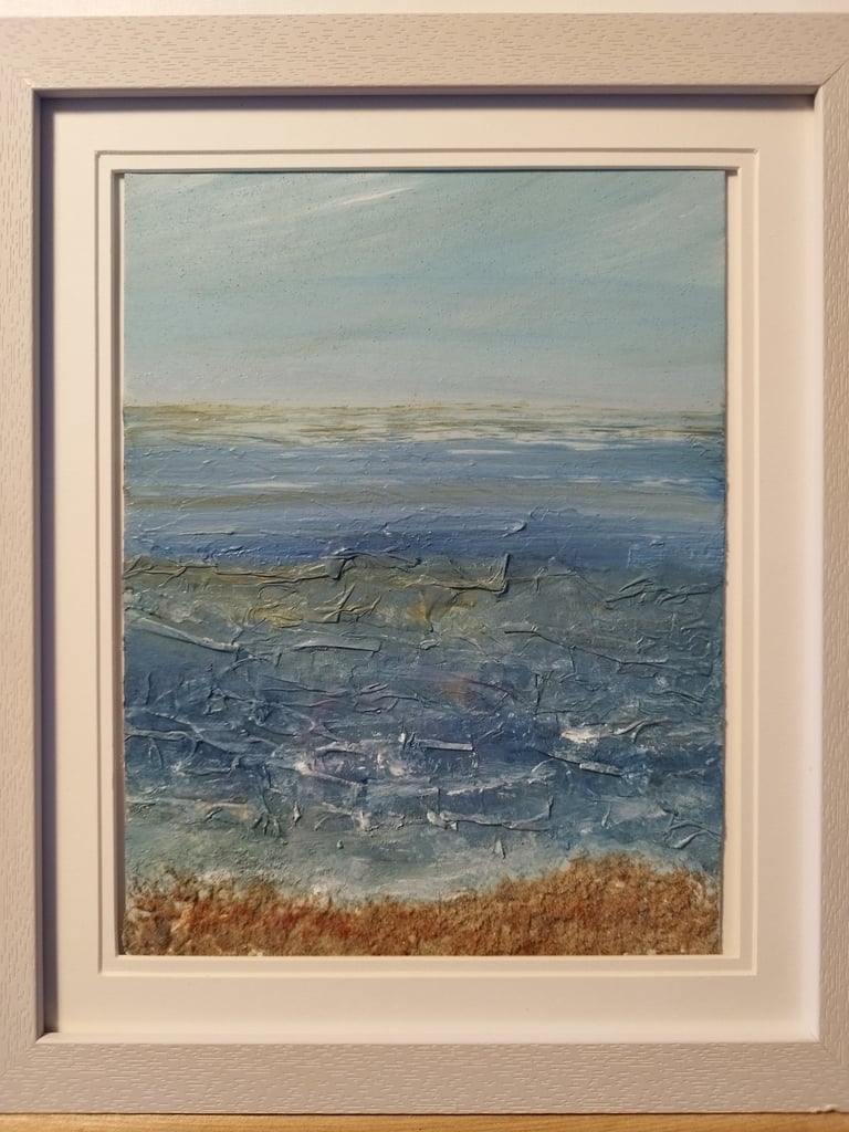 Sunlight on the water at St Mary's Bay, 34.5 x 25.5 cm, acrylic, collage and sand on paper
