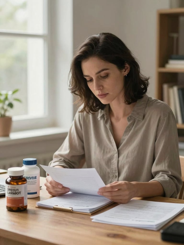 Medium shot of a woman at a desk, reviewing notes next to two supplement bottles, natural daylight from a window to her left, looking down at paper with focused expression, real home-office context, warm neutral tones