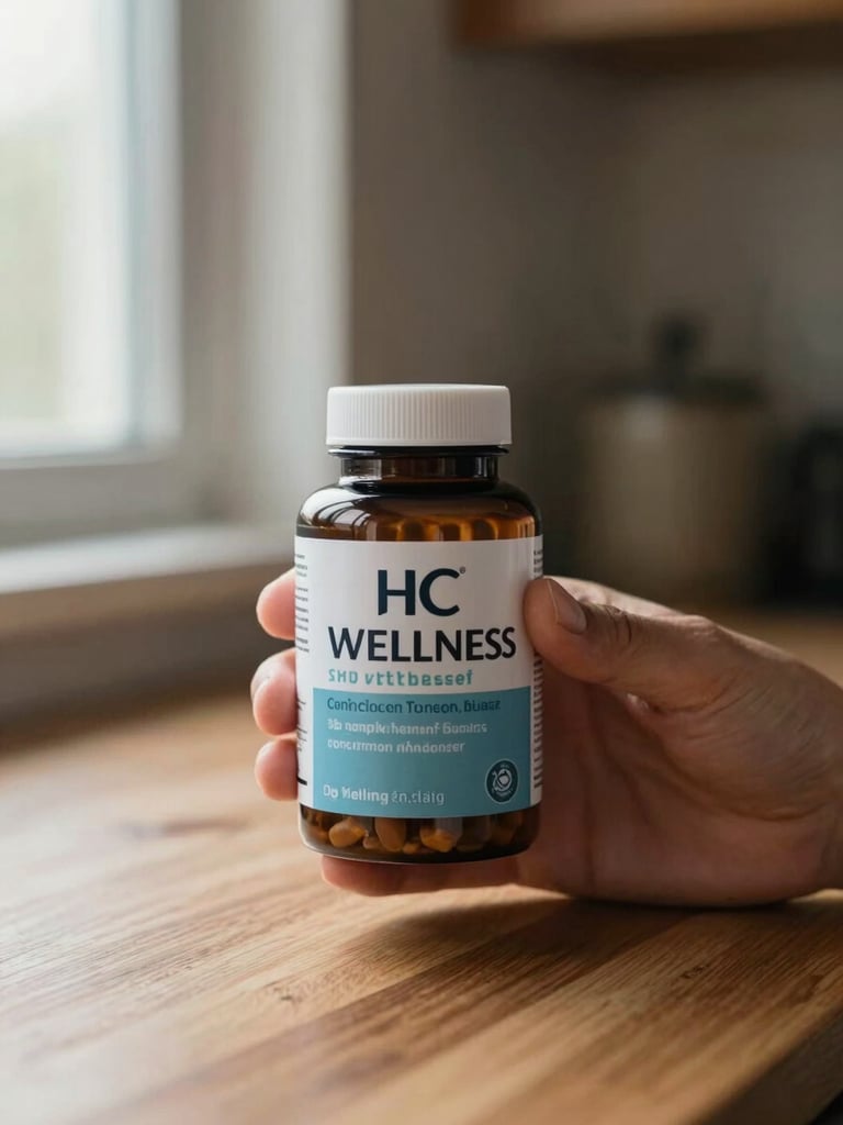 Hands holding an HC Wellness supplement bottle close-up on a kitchen counter, natural overcast window light from the left, warm wood surface visible below, product label in sharp focus, no artificial styling
