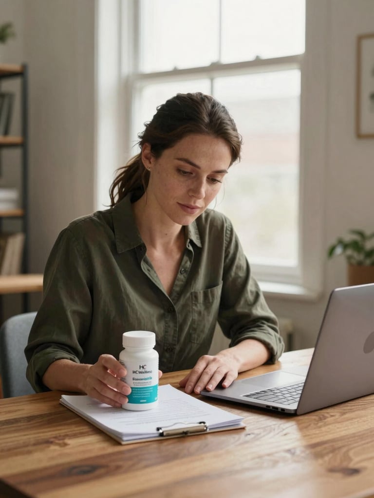 Close-medium shot of a woman at a wooden desk in a naturally lit home office, reviewing notes with an HC Wellness product bottle beside her laptop, north-facing window light, warm neutral surroundings, calm and focused expression