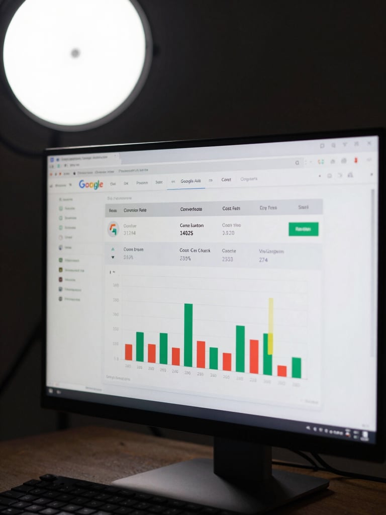 Tight crop of a Google Ads campaign dashboard on a monitor — conversion rate column, cost-per-click figures, and a ROAS bar chart in focus, high-contrast studio strobe lighting from the upper left, dark background, shallow focus on the screen with keyboard edge barely visible at bottom