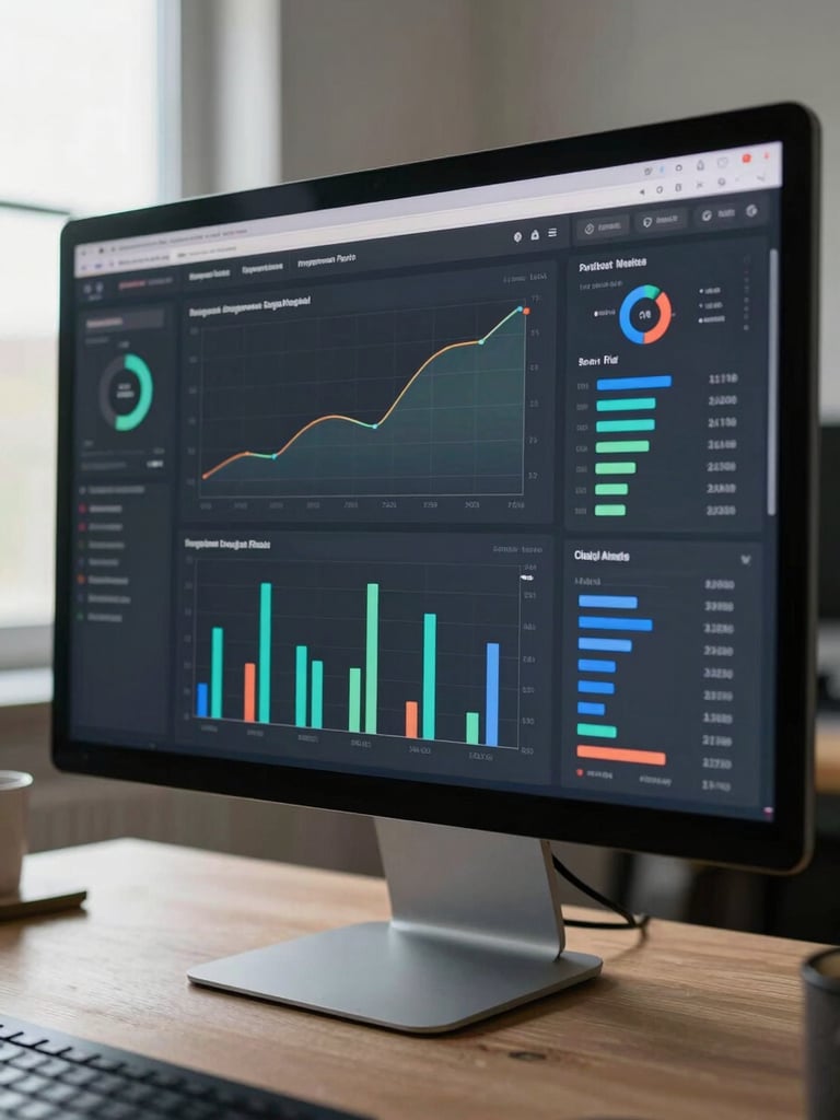 Wide-angle view of a social media analytics dashboard on a desktop monitor — engagement rate, follower growth curve, and post-performance bar charts visible, dark mode interface, clear daylight from a side window illuminating the desk, shallow depth of field, monitor fills the frame