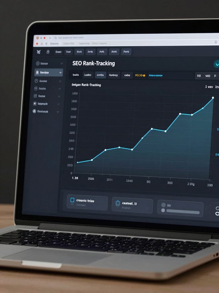 Close-up of a laptop screen showing an SEO rank-tracking dashboard — keyword positions climbing over a 90-day chart, organic traffic graph trending upward, clean dark UI, high-contrast studio lighting from the left, tight crop on the monitor with blurred desk edge at bottom