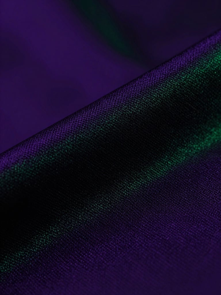 Macro shot of physical merchandise textures, high-contrast purple and green cyberpunk studio lighting, sharp fabric weave detail