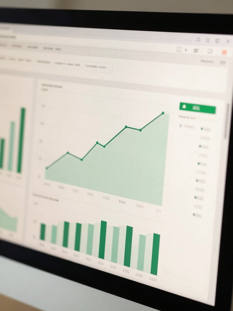 Close-up macro shot of a clean financial dashboard on a high-end screen, showing clear geometric charts and green performance indicators under soft studio lighting.