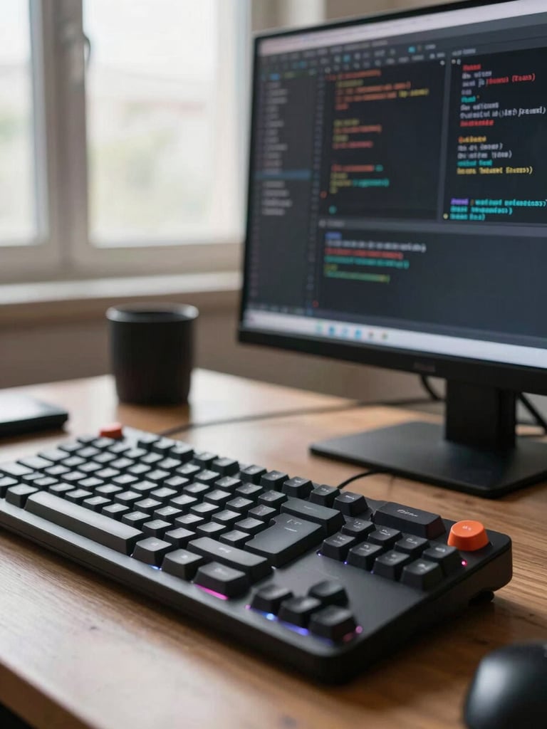 Close-up of a clean software developer workspace in Pakistan, natural window light, mechanical keyboard, code editor visible on screen, high clarity.