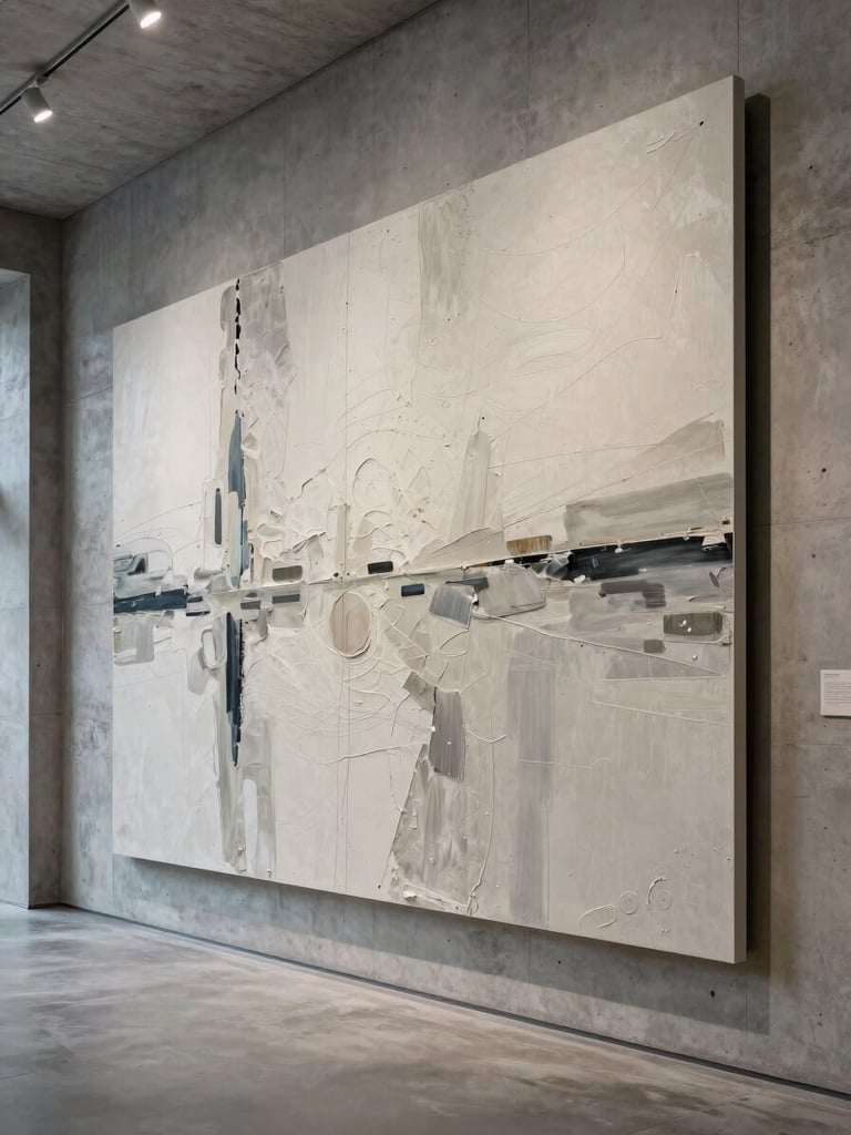 Wide-format photograph of a large-scale abstract textured panel installed flush on a raw concrete wall in a completed commercial interior, even cool north-facing gallery light, no people, full artwork visible with architectural surround showing spatial scale