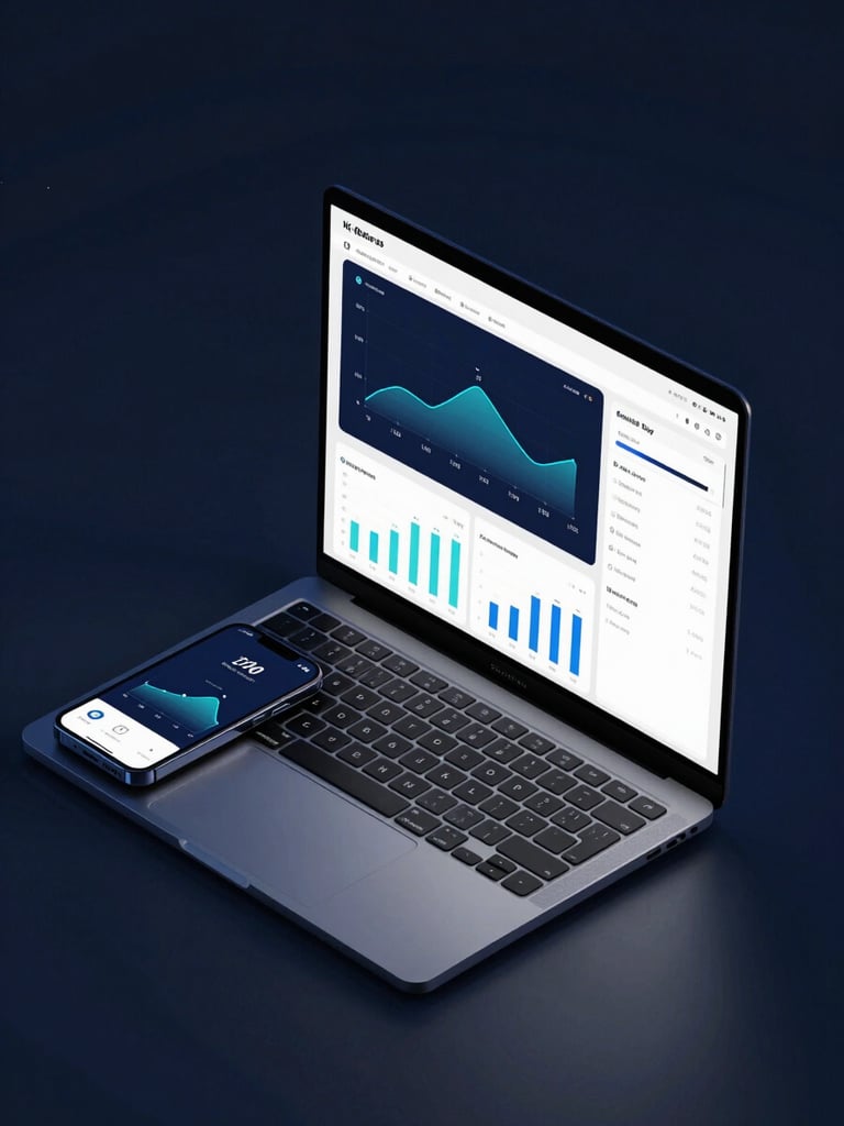Isometric mockup of a laptop and smartphone displaying a modern, high-performance web dashboard. Clean user interface with sharp charts, dark mode aesthetic, cool professional blue ambient backlighting, high contrast.