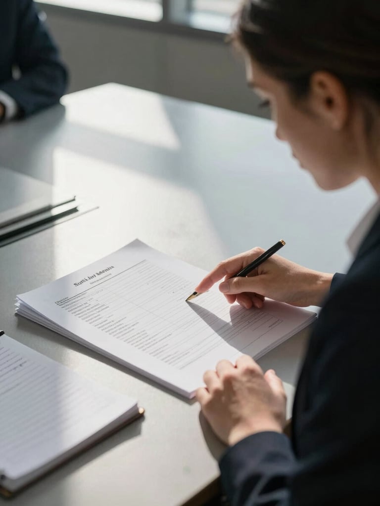 Close-up environmental shot: attorney Sofia Medina leaning over a conference table reviewing a printed medical report, one hand pointing to a line of text, afternoon window light casting long shadows across the table surface, notepad with handwritten figures visible nearby