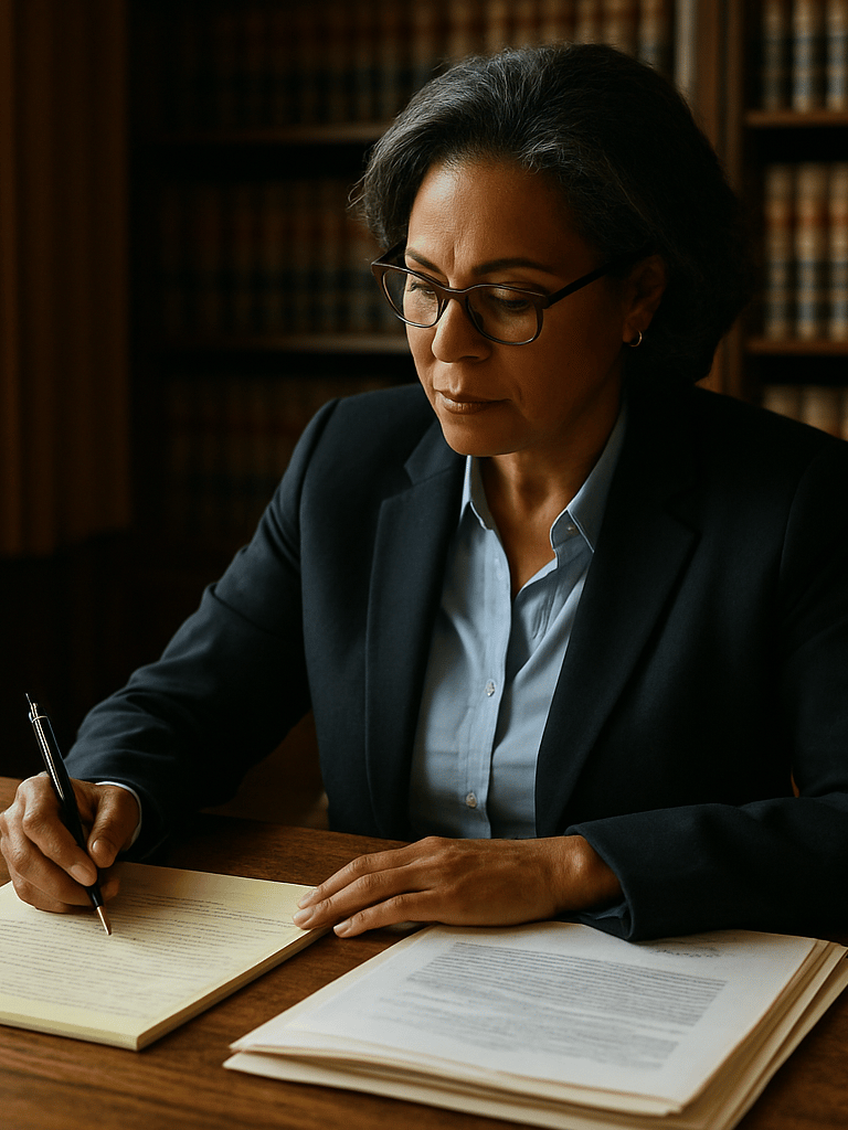 Environmental portrait: attorney Diane Hargrove seated at a wide oak desk reviewing handwritten notes, natural window light falling across the desk surface and open case file, bookshelves of legal volumes visible behind her, shot from slightly above and to the side