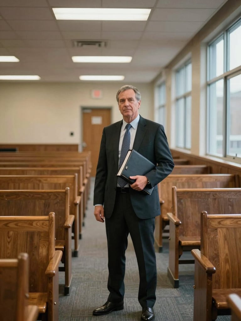 Environmental wide shot: attorney James Rourke standing in a courthouse hallway, fluorescent and window light mixing, a thick case binder held at his side, empty wooden benches receding behind him, shot from the corridor looking toward him