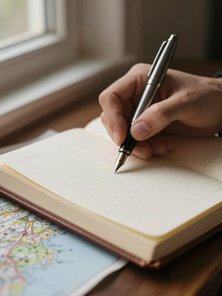 Extreme close-up of a pair of hands resting over an open leather-bound journal, a fountain pen mid-stroke on cream paper, a folded map partially visible beneath the journal, natural north-facing window light falling from the left, muted warm tones, no faces visible