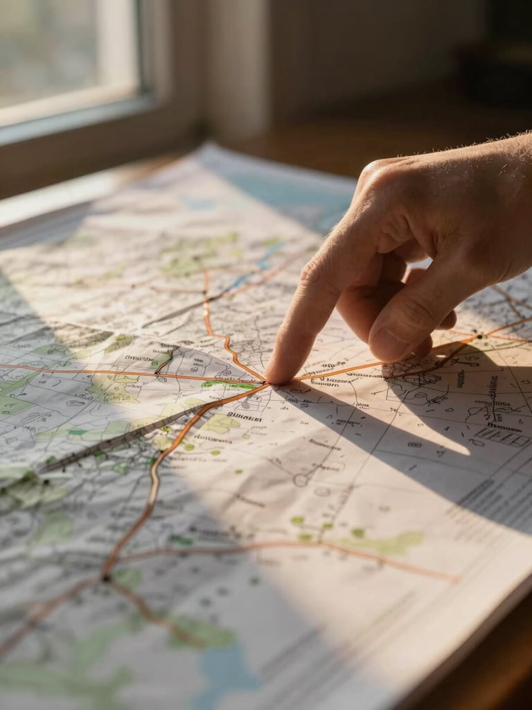 Close-up of a hand tracing a route on a large paper map, golden hour light raking across the map's surface from a window at the left edge, the fingertip mid-motion, cartographic detail sharp in the foreground