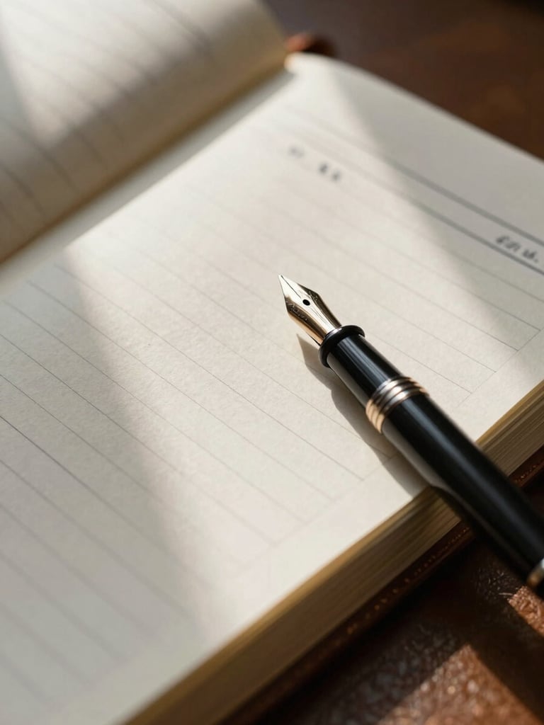 Extreme close-up of a handwritten travel itinerary page lying open on a worn leather notebook, a fountain pen resting diagonally across the lower right corner, warm north-facing window light raking across the paper surface revealing texture, no text legible