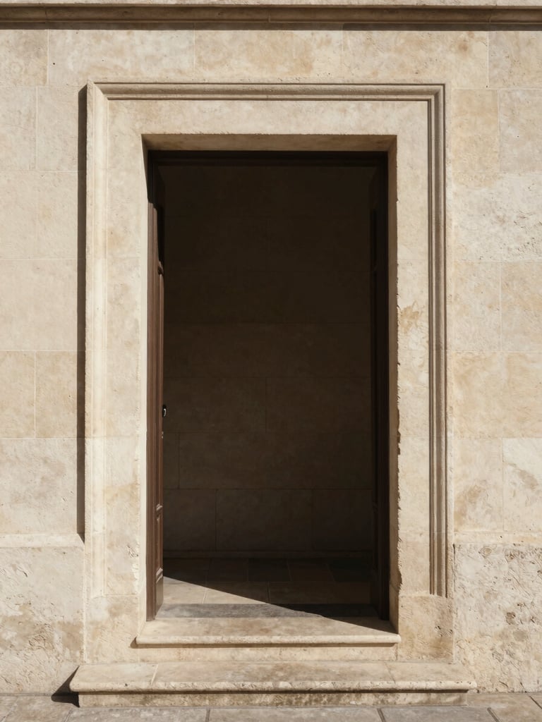 Wide architectural doorway in pale sandstone, north-facing daylight casting clean geometric shadow across the threshold, extreme close-up on the worn edge of the stone frame, no people, muted warm tones