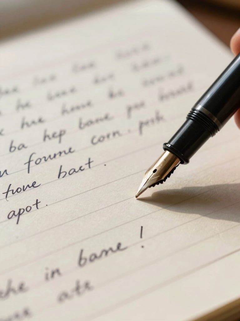 Extreme close-up of a handwritten pilgrimage itinerary on cream paper, fountain pen resting diagonally across the page, soft north-facing window light casting gentle shadows across the ink lines and margin notes — no people, only the document and the pen