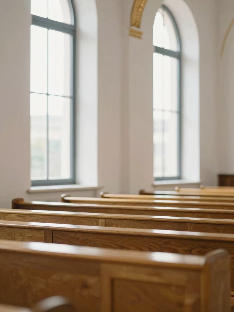 A bright, elegant interior of a modern church sanctuary, soft natural window light reflecting on clean white surfaces, warm gold accents, serene atmosphere, shallow depth of field