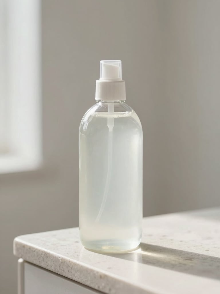 A minimalist glass bottle of premium clear liquid detergent sitting on a clean stone ledge, soft diffused morning light, shallow depth of field.