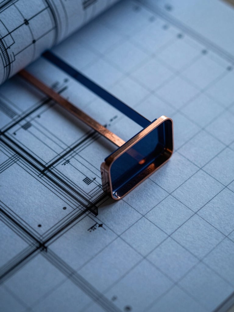 Extreme close-up of a technical architectural drawing overlayed with clean digital spreadsheet gridlines, cool blue tones, copper accents, 35mm.