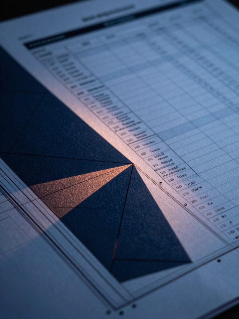 Extreme close-up of a technical construction drawing with sharp geometric lines, overlaid with a clean digital interface showing a commercial spreadsheet, cool blue tones, warm copper highlights.