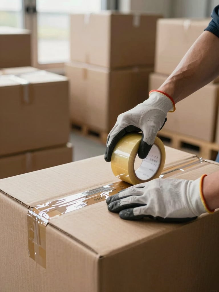 Close-up of gloved hands pressing sealing tape across a labeled cardboard box on a warehouse floor, natural daylight from a loading bay door, stacked wrapped boxes organized behind