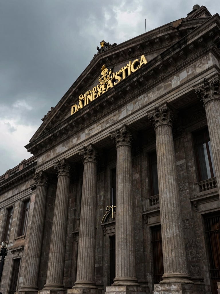 Low-angle architectural shot of the Suprema Corte de Justicia de la Nación building in Mexico City, dramatic overcast daylight, imposing stone columns, 35mm.