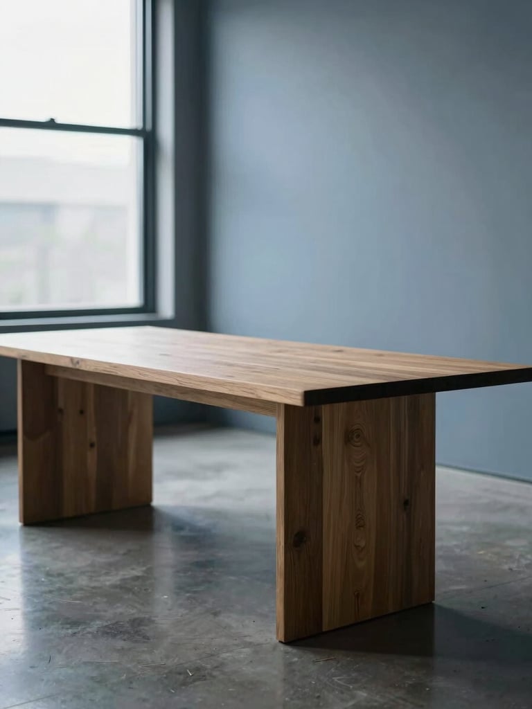 A quiet modern workspace with a large oak table, soft north-facing window light reflecting off a polished concrete floor, minimalist architectural details, shallow depth of field.