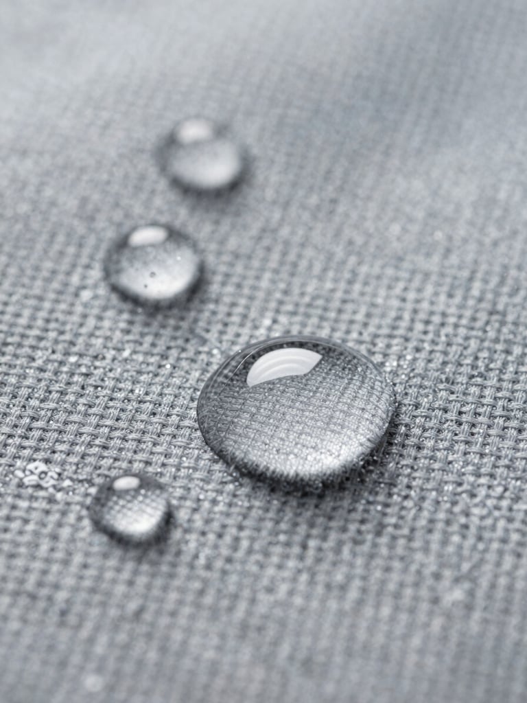 Macro close-up of water droplets repelling off a clean, stone-gray technical fabric surface, bright clinical lighting, sharp focus on the weave structure.
