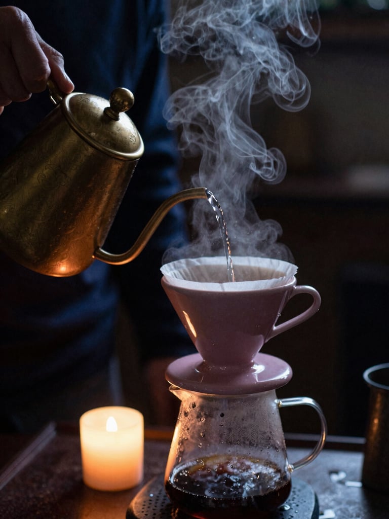 Hands pouring hot water into a ceramic coffee dripper, steam rising in a low-lit room, warm incandescent glow, moody atmosphere