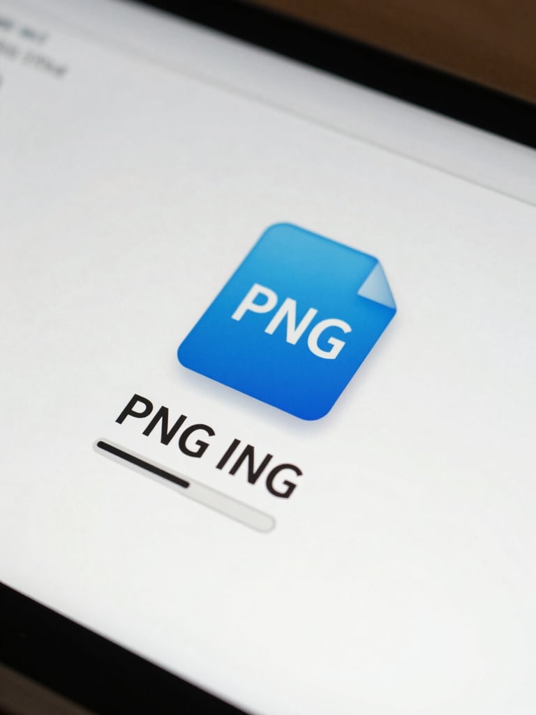 Close-up overhead shot of a PNG file icon mid-transition on a bright white desktop workspace, a progress bar beneath it partially filled, clean studio lighting with high contrast, tight crop showing filename and file size label