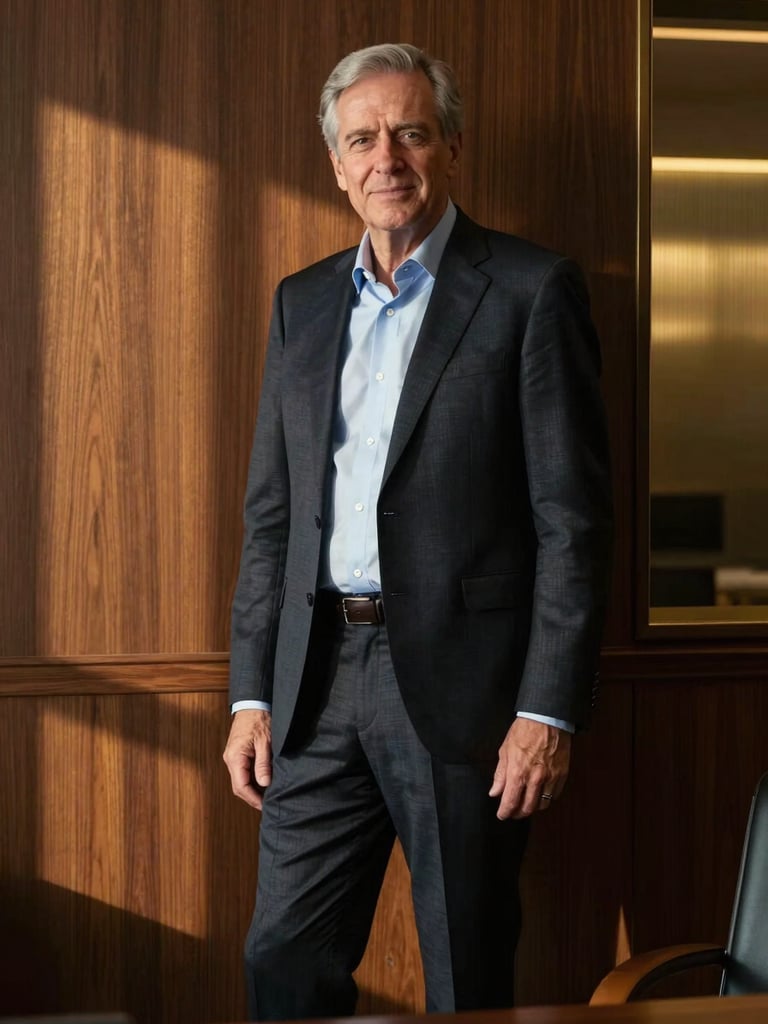 Highly polished, editorial portrait of a senior male CEO in a private office setting, low-sun twilight casting long shadows, dark wood and brushed brass background.