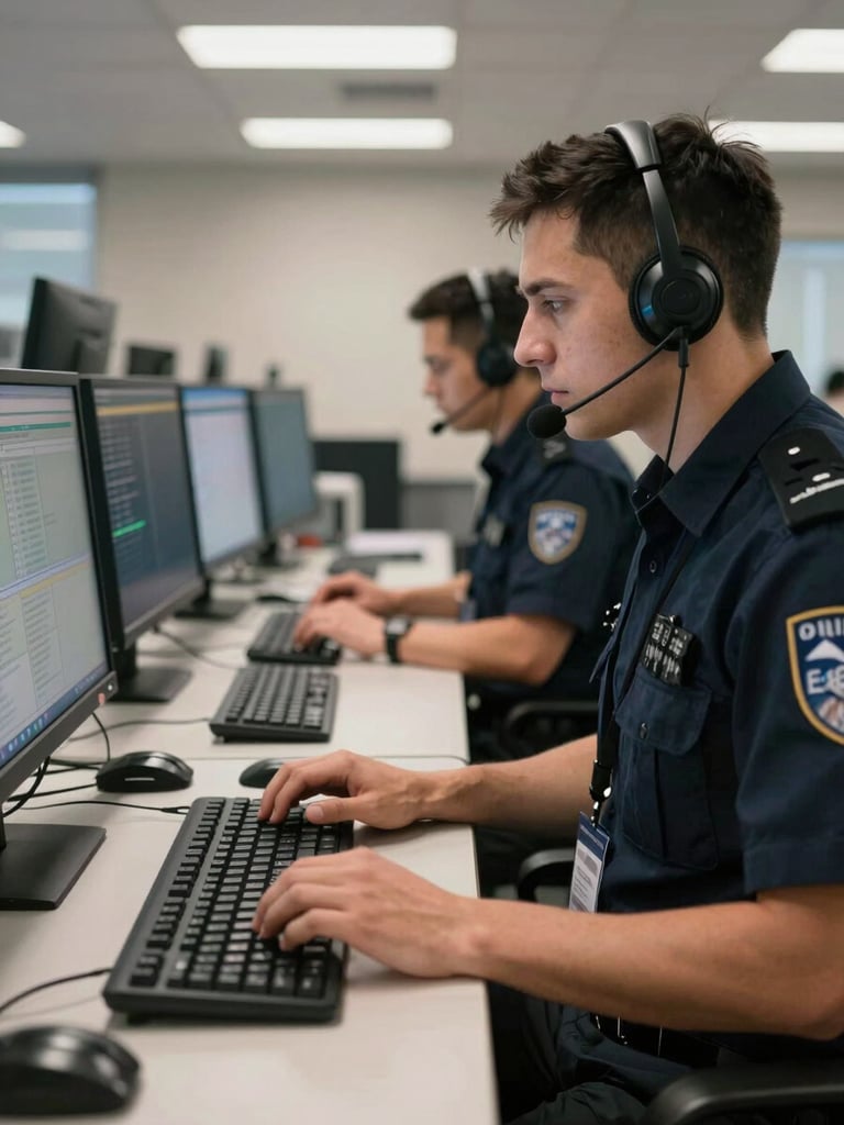 Medium shot of two agents at adjacent workstations, both wearing headsets, hands on keyboards, monitors displaying call data dashboards, overhead office lighting, authentic operations floor background slightly out of focus