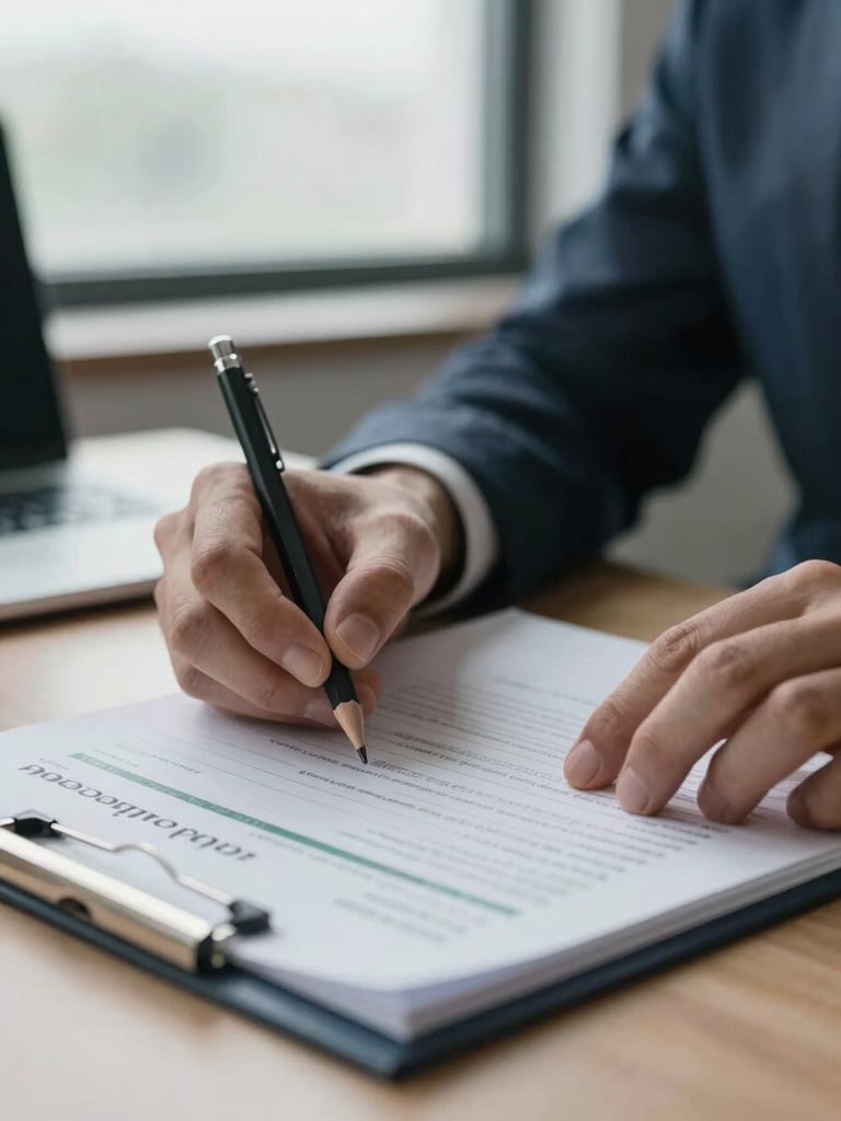 Close-up of hands at a desk reviewing a printed ESG compliance report with handwritten margin notes, a mechanical pencil resting on the page, overcast north-facing window light, cool tones, shallow depth of field, documentary still