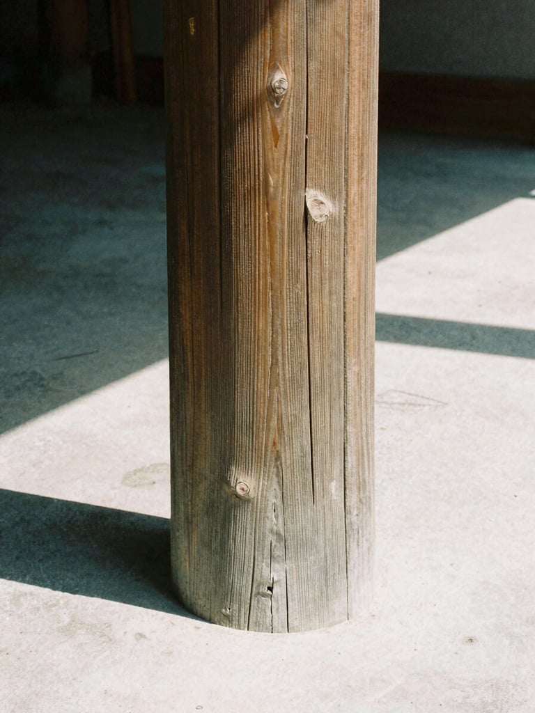 Architectural film photography, tight geometric crop of a weathered Douglas fir timber column showing rich grain texture, casting a sharp shadow on a polished concrete floor.