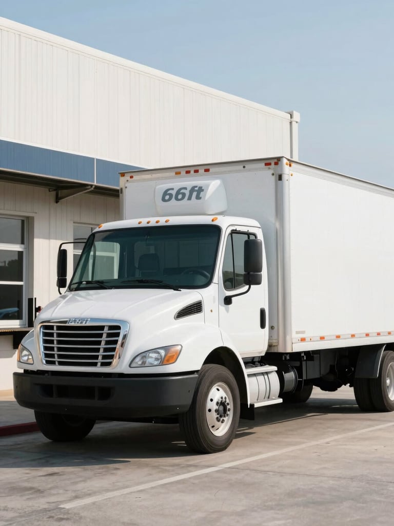 A clean white 26ft reefer truck parked at a modern St. Louis loading dock, crisp morning light, clean focus, 35mm lens
