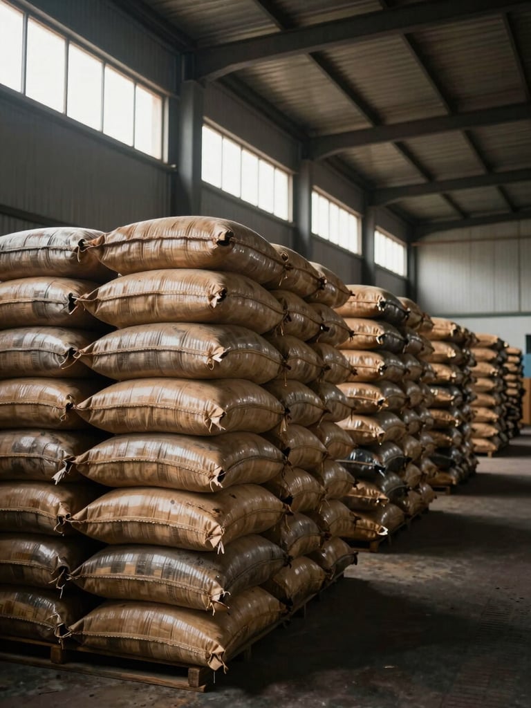 Wide shot of organized rows of sealed hardwood charcoal sacks stacked in a Lagos warehouse, controlled daylight flooding from high clerestory windows on the left, deep shadow receding to the right, no people