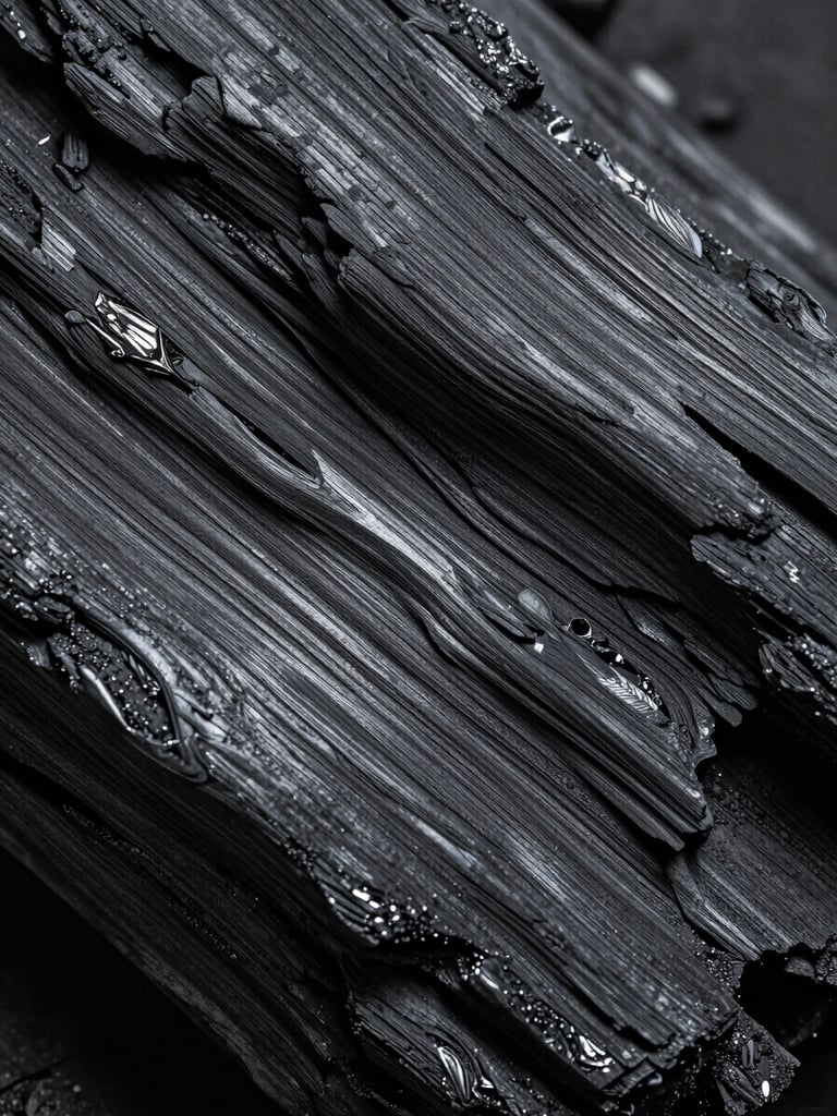 Extreme close-up portrait of premium hardwood charcoal surface texture, controlled daylight from a high side angle revealing deep grain structure and material density, no flames, no hands, charcoal fills entire frame edge to edge, dark tones with subtle surface sheen