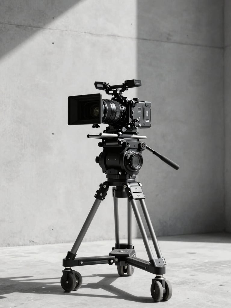 Low-angle shot of a high-end cinema camera rig on a minimalist concrete set, harsh direct sunlight, stark black shadows, ultra-clean composition.