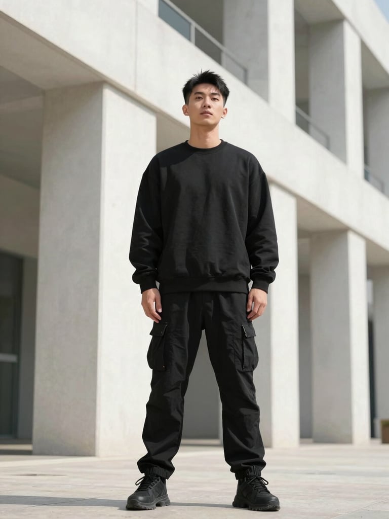 Low-angle heroic portrait of a creative director wearing minimalist black streetwear, standing against stark white urban concrete architecture, bright direct sunlight.