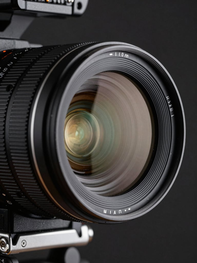 Extreme close-up of a high-end cinema camera lens reflecting a sharp studio light, dark minimalist background, ultra-premium look.