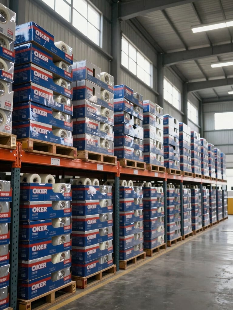 Wide environmental shot inside a large industrial warehouse, shelves stacked floor-to-ceiling with blue-and-red branded OKER cartons of sealing tape rolls, natural daylight streaming from high clerestory windows, rows receding deep into the frame showing scale and inventory volume, concrete floor, no people