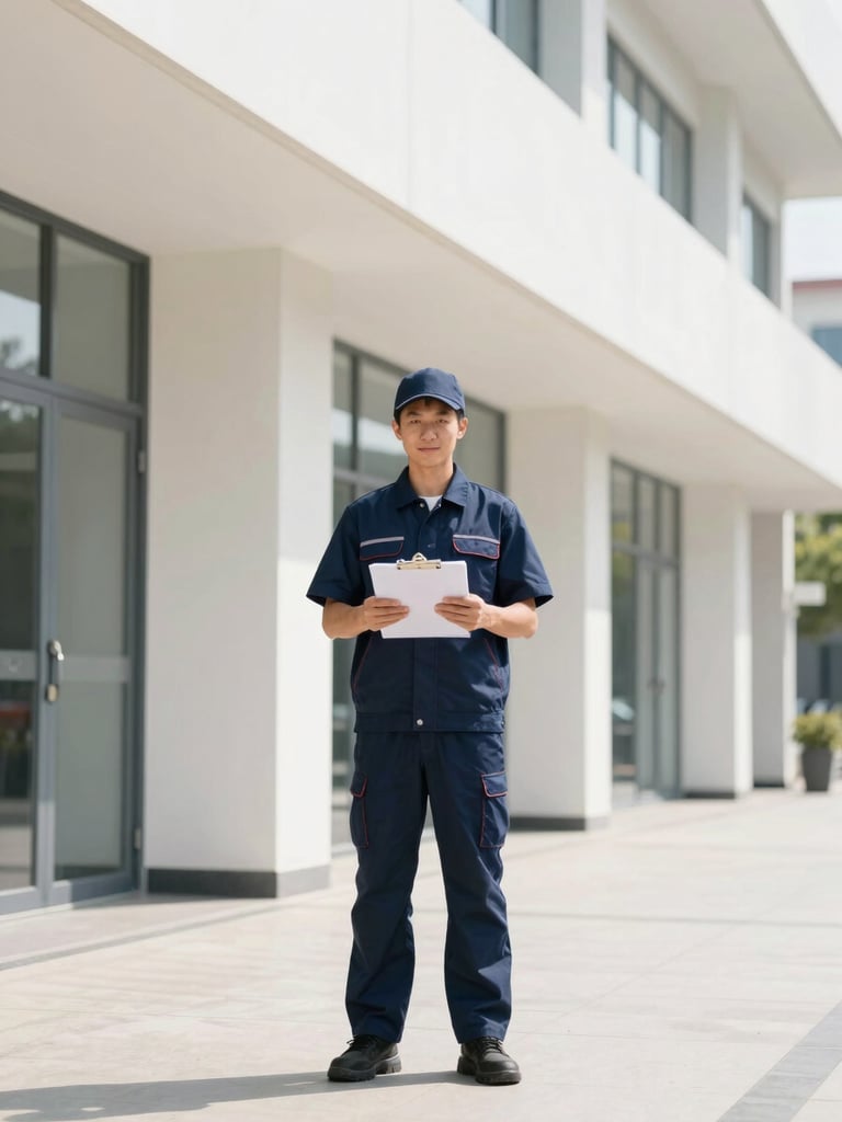 Crisp architectural detail shot of a professional cleaning crew member in clean branded navy gear holding a safety clipboard, standing in a brightly lit modern commercial corridor, sharp focus.