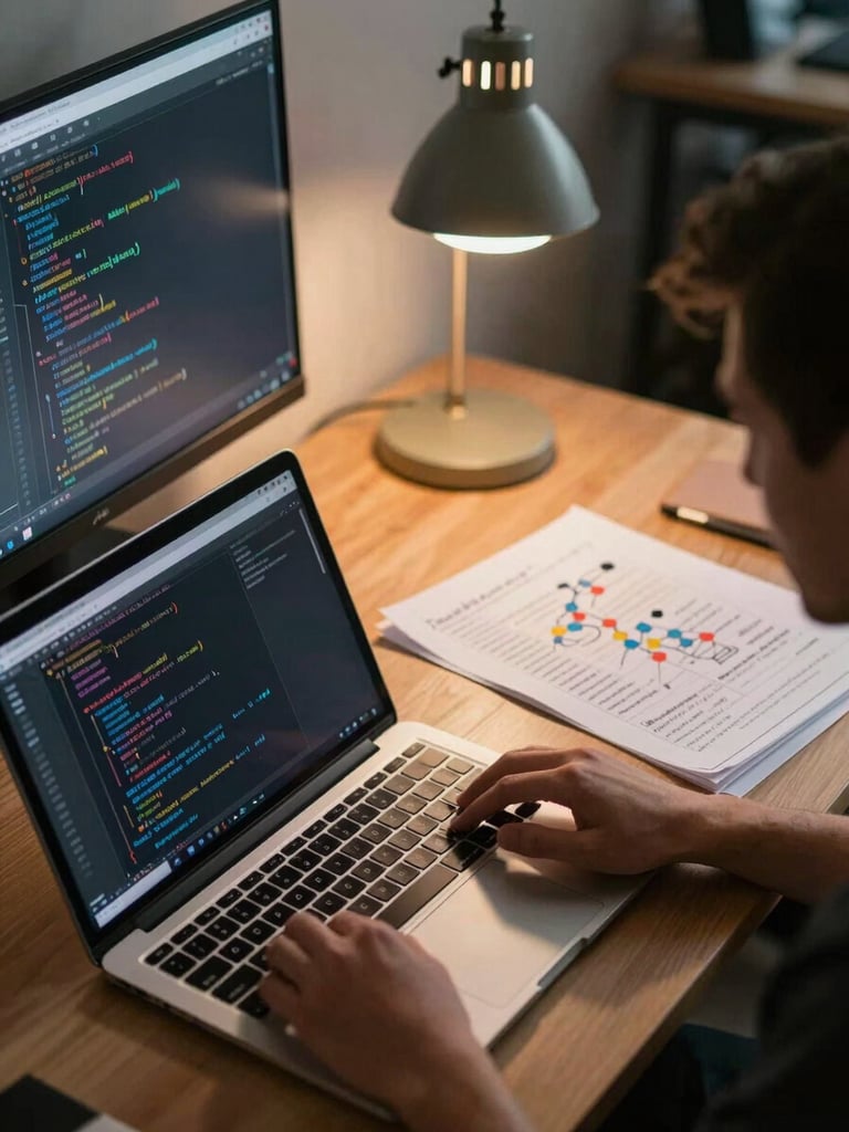 Close overhead study of a developer's desk, open laptop displaying dense code with a second monitor showing a system dependency diagram, a printed architecture map annotated with handwritten notes, warm tungsten desk lamp, shallow depth of field, quiet office atmosphere