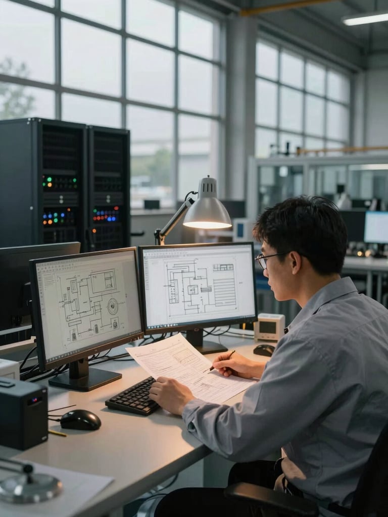 Wide environmental shot of a manufacturing plant floor, an engineer seated at a workstation reviewing technical schematics on dual monitors, warm tungsten desk lamp casting amber light across the documentation, server rack visible in the background, overcast daylight through a high industrial window