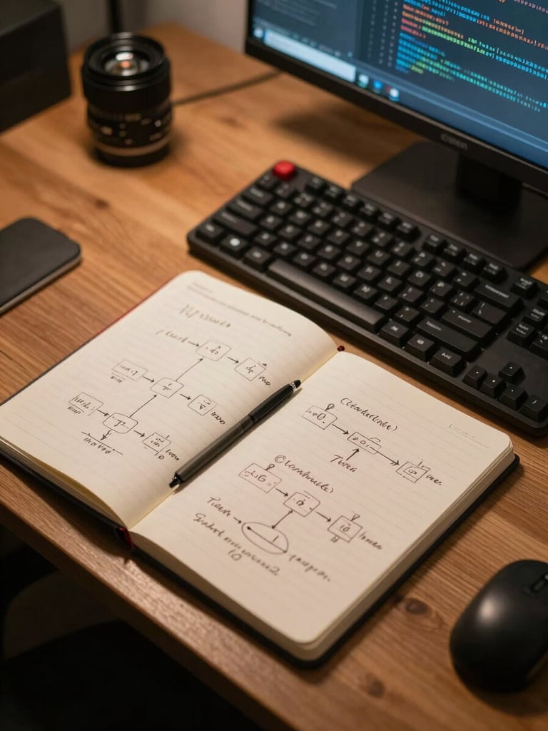 Close overhead study of a developer's desk: open notebook with handwritten integration flow diagrams, a mechanical keyboard, and a monitor edge showing API response JSON, warm tungsten desk light, shallow depth of field on the notebook, no person visible