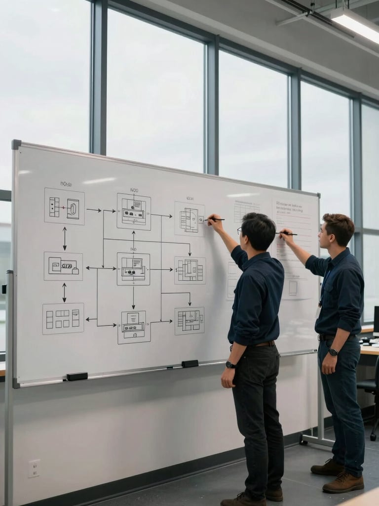 Wide shot of a logistics operations room, two team members standing at a large whiteboard covered in flow diagrams and system architecture sketches, overcast daylight through tall windows, no staged posing — both are actively writing and pointing at the diagram