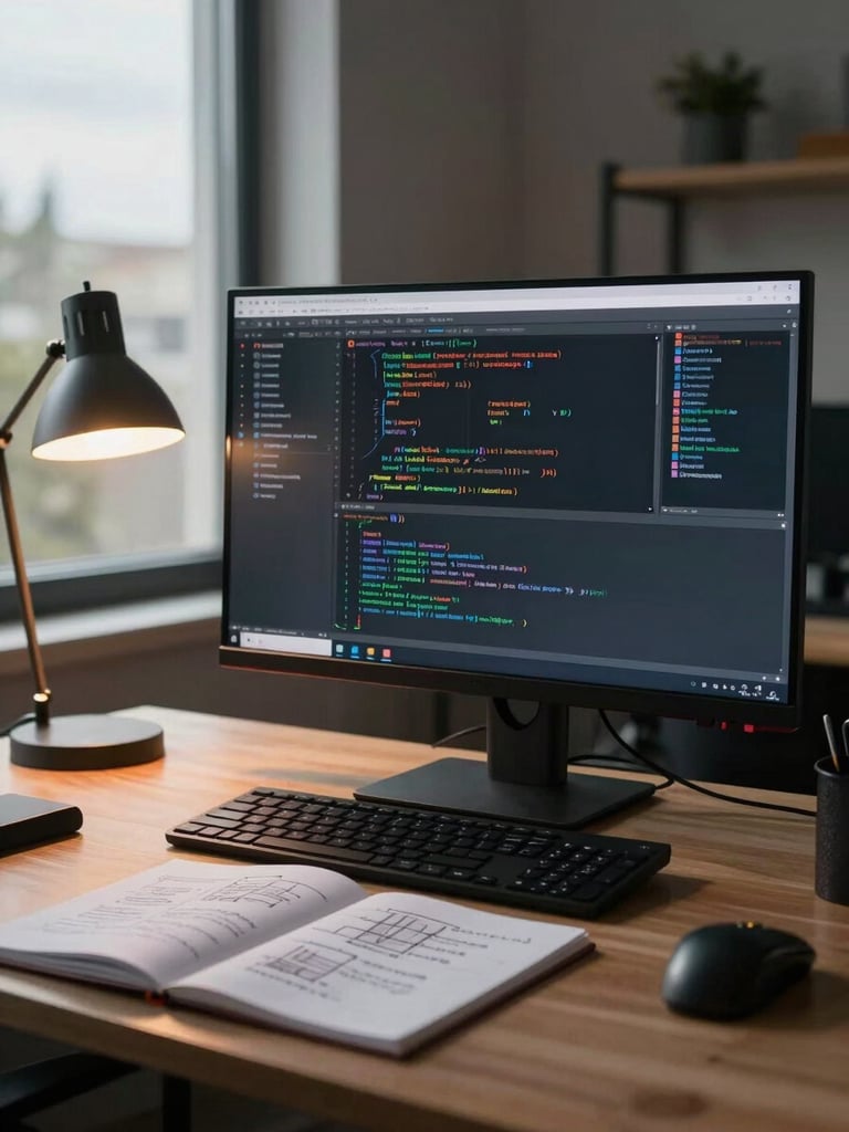 Wide environmental shot of a developer's desk viewed from the left side, a large monitor displaying dense terminal output and code diffs, warm tungsten desk lamp casting a pool of light on a notebook filled with handwritten architecture diagrams, overcast daylight from a window behind, no people visible, quiet working space